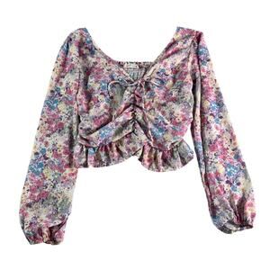 Peach Love Floral Womens S/M Crop Top Smocked Back Long Sleeve Sheer Blouse Boho